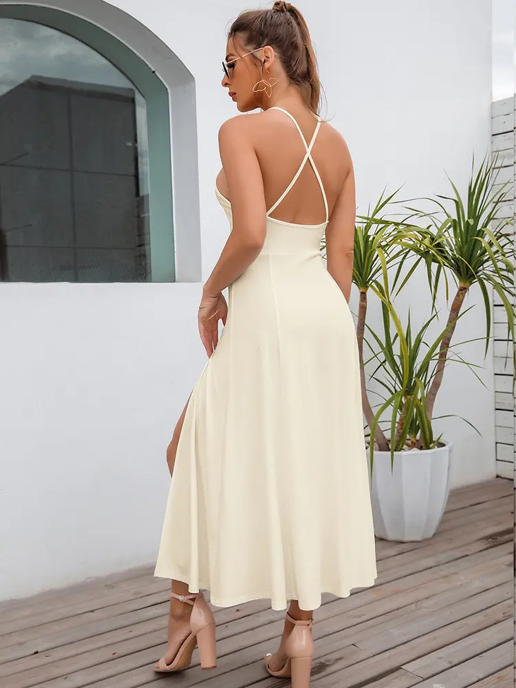 2025 Women's Sexy Summer Casual Spaghetti Straps Deep V Neck Dress Slit Solid Colour High Waist Dresses