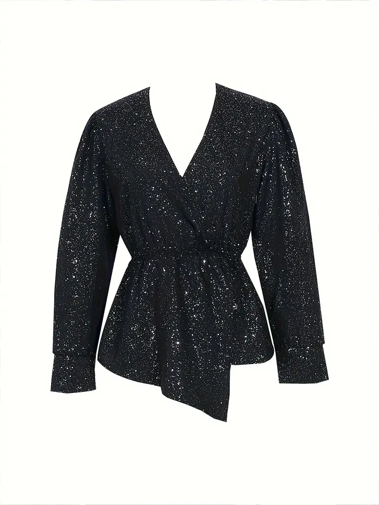 Summer 2025 Women's V-Neck Long Sleeve Casual Shirt Asymmetric Hem Shiny Beaded Fashion Top for Holiday Party