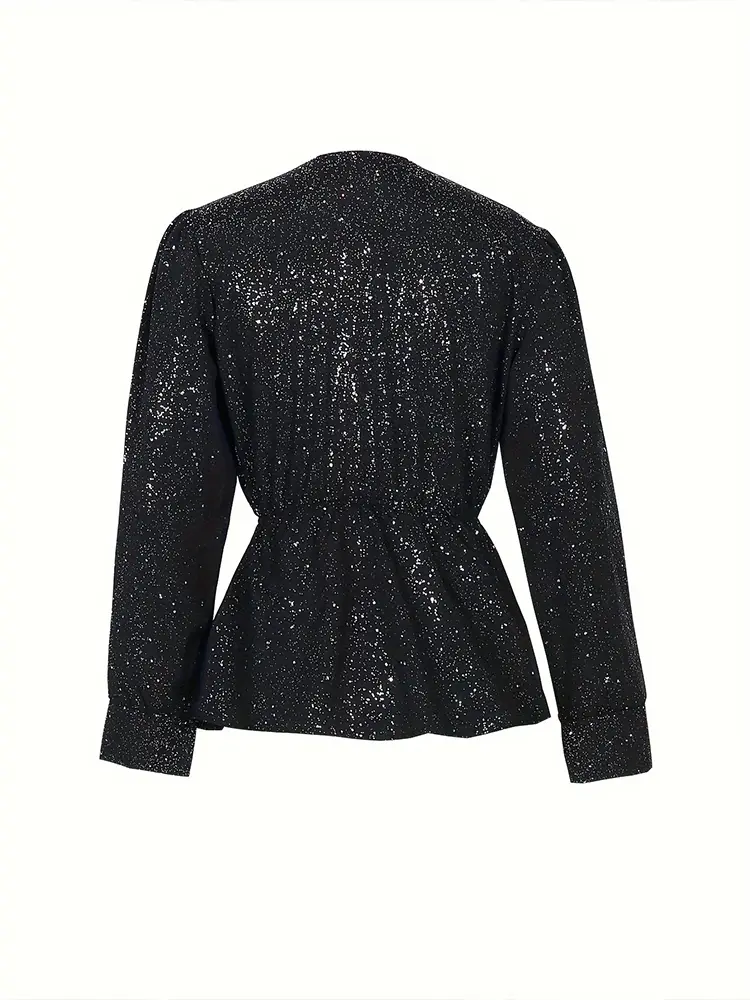 Summer 2025 Women's V-Neck Long Sleeve Casual Shirt Asymmetric Hem Shiny Beaded Fashion Top for Holiday Party