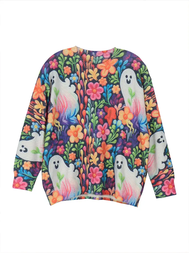 Plus Size Halloween Ghost and Flower Pattern Sweater, Casual Crew Neck Long Sleeve Pullover for Autumn and Winter