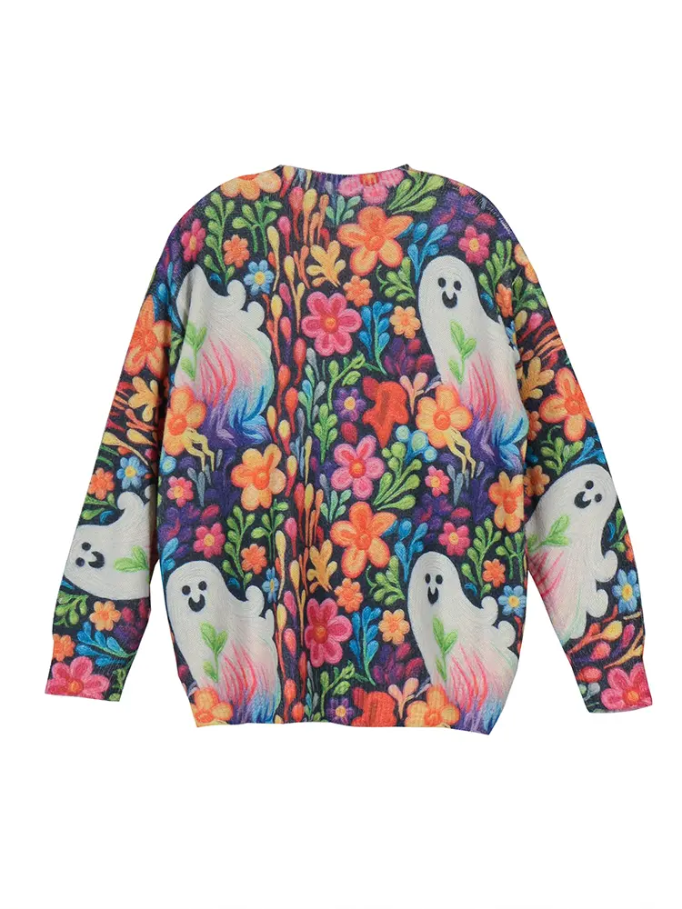 Plus Size Halloween Ghost and Flower Pattern Sweater, Casual Crew Neck Long Sleeve Pullover for Autumn and Winter