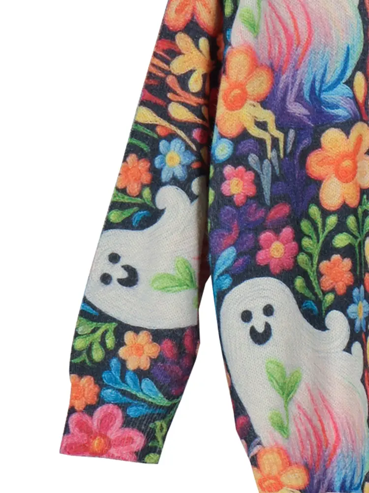 Plus Size Halloween Ghost and Flower Pattern Sweater, Casual Crew Neck Long Sleeve Pullover for Autumn and Winter