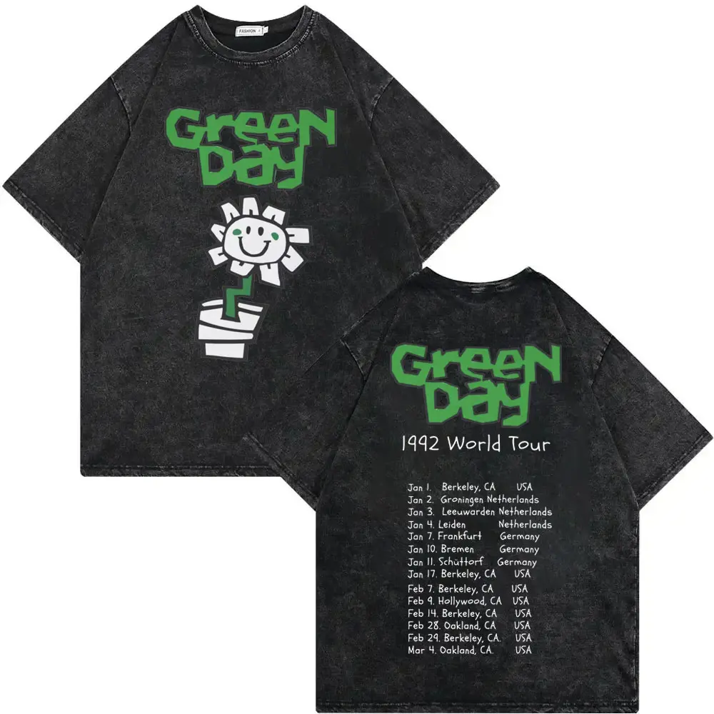 Rock Band Green Day Tour 2025 Vintage Washed T-shirt High Quality Fashion Oversized T-shirts Men Women Casual Cotton T Shirts