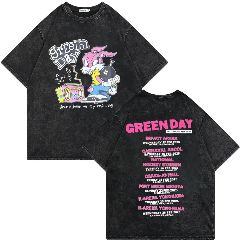 Rock Band Green Day Tour 2025 Vintage Washed T-shirt High Quality Fashion Oversized T-shirts Men Women Casual Cotton T Shirts