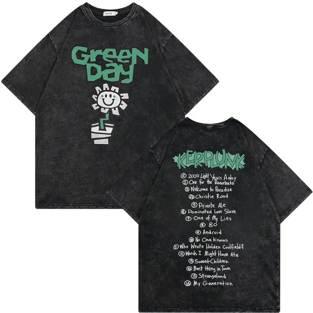 Rock Band Green Day Tour 2025 Vintage Washed T-shirt High Quality Fashion Oversized T-shirts Men Women Casual Cotton T Shirts