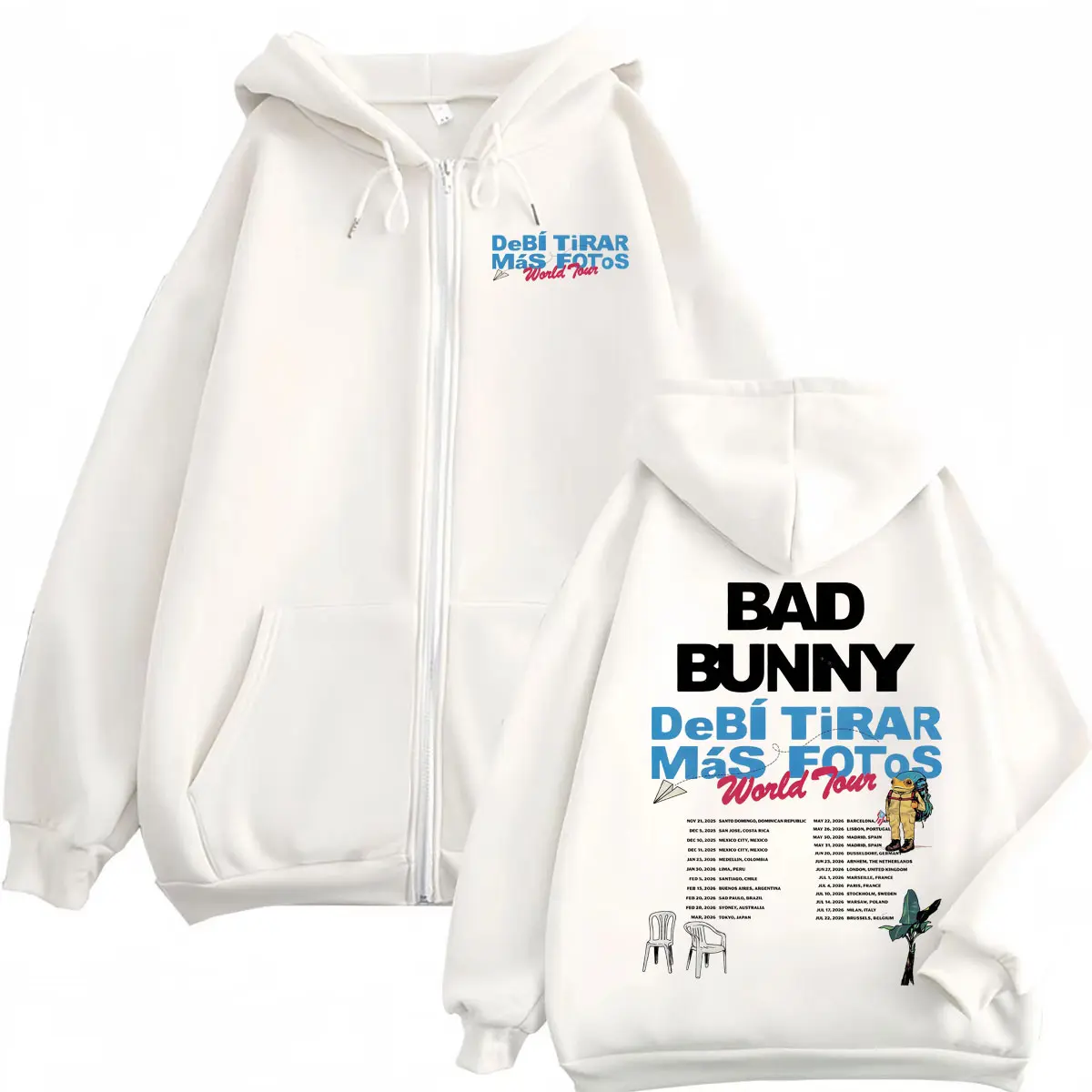 Rapper Bad Bunny DeBi TiRAR MaS FOToS DTMF World Tour 2025 Zipper Hoodie Men's Women's Fashion Hip Hop Zip Up Hooded Sweatshirts