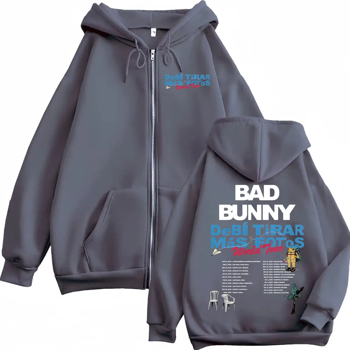 Rapper Bad Bunny DeBi TiRAR MaS FOToS DTMF World Tour 2025 Zipper Hoodie Men's Women's Fashion Hip Hop Zip Up Hooded Sweatshirts