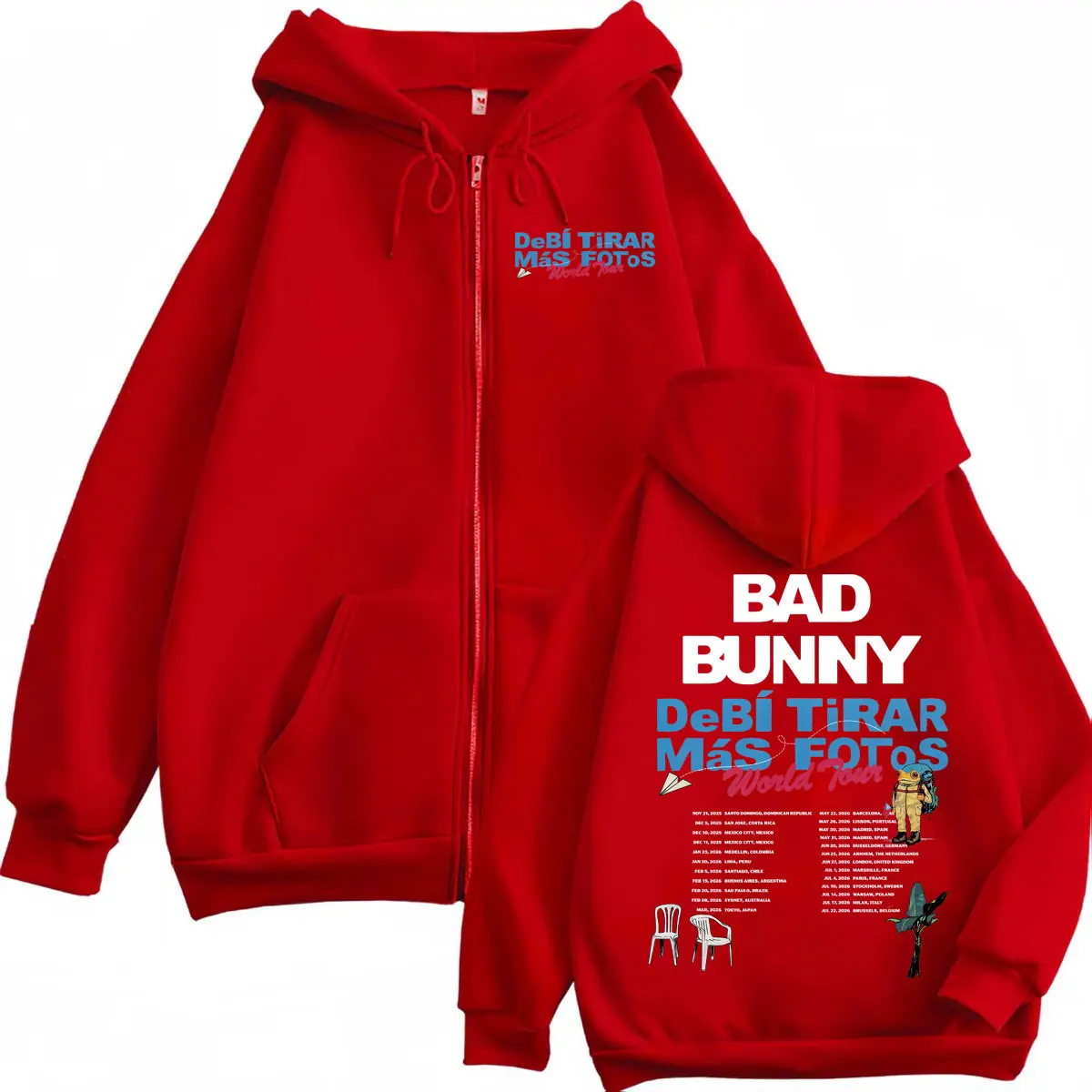 Rapper Bad Bunny DeBi TiRAR MaS FOToS DTMF World Tour 2025 Zipper Hoodie Men's Women's Fashion Hip Hop Zip Up Hooded Sweatshirts
