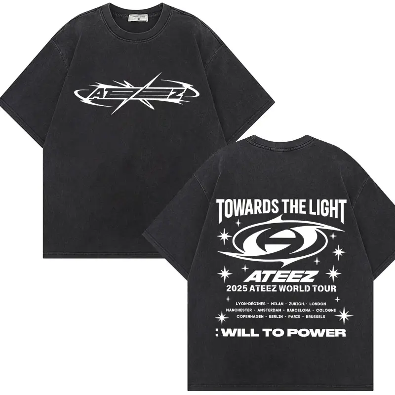 ATEEZ World Tour Graphic T Shirts Men Women Kpop Hip Hop Vintage Washed T-shirt Fashion Casual Oversized Short Sleeve T-shirts