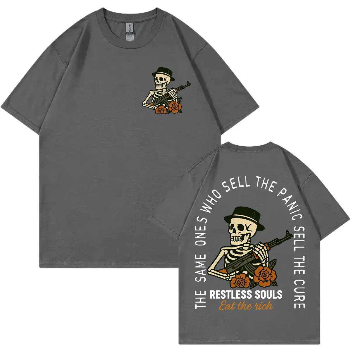 Eat The Rich Skeleton Funny Meme Graphic T Shirts Fashion Vintage Short Sleeve T-shirts Men Women Clothing Casual Cotton T-shirt