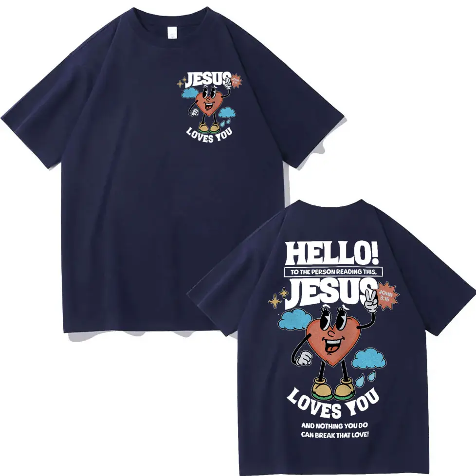 Christian Hello Jesus Loves You Bible Verse T-shirt High Street Fashion Trend Short Sleeve T Shirts Unisex Casual Loose T-shirts