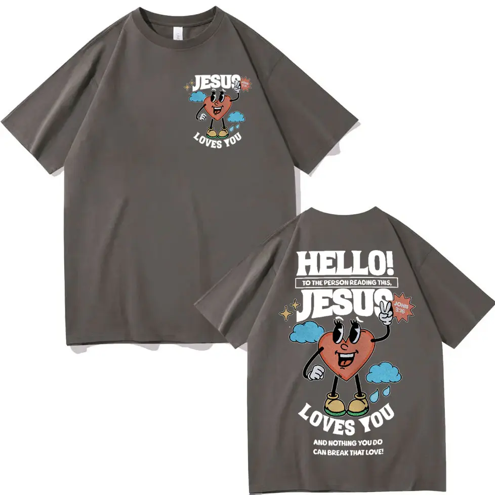 Christian Hello Jesus Loves You Bible Verse T-shirt High Street Fashion Trend Short Sleeve T Shirts Unisex Casual Loose T-shirts