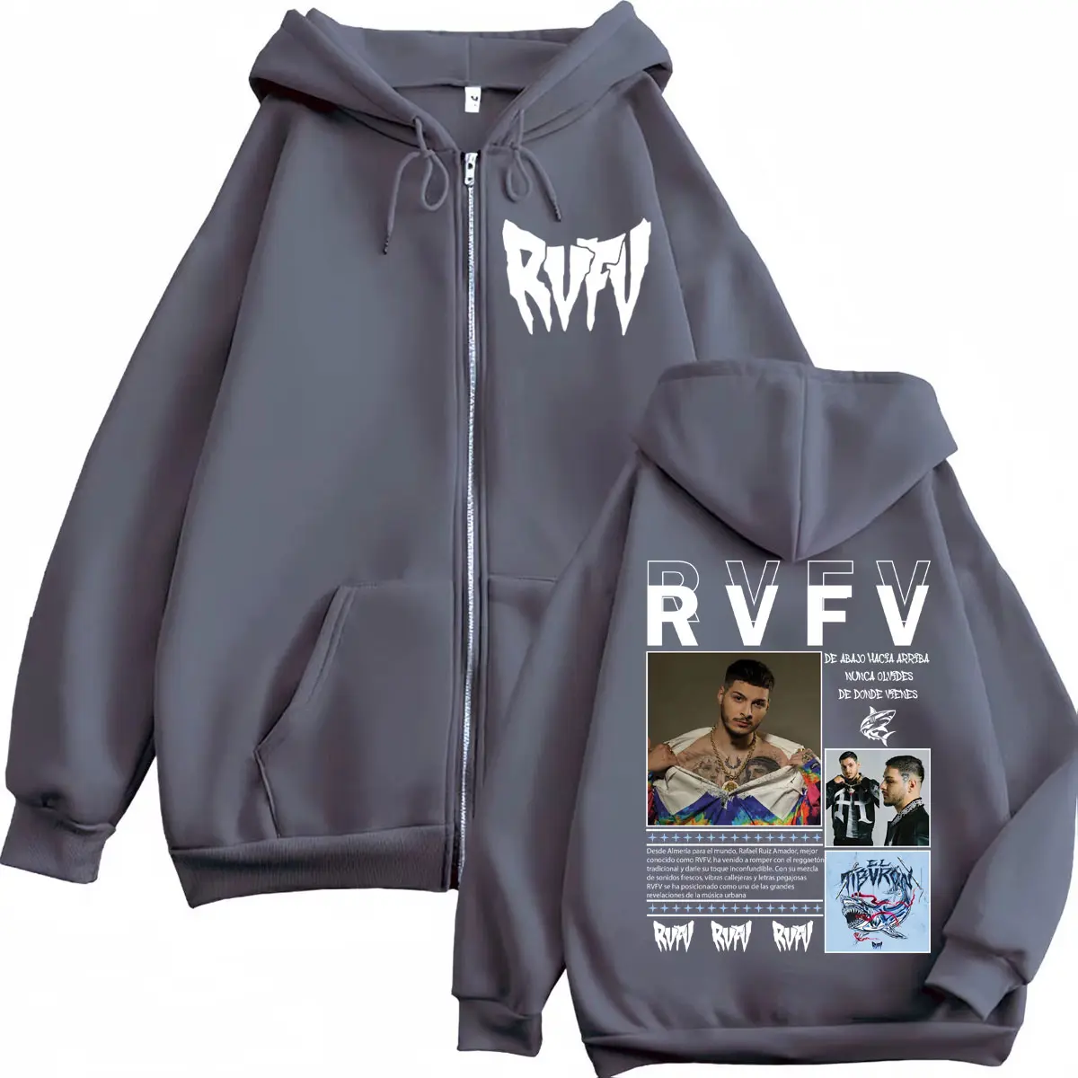Rapper RVFV Eltiburón Tour Zipper Hoodies Hip Hop Vintage Zip Up Hooded Sweatshirts Men's Women's High Quality Fashion Pullovers