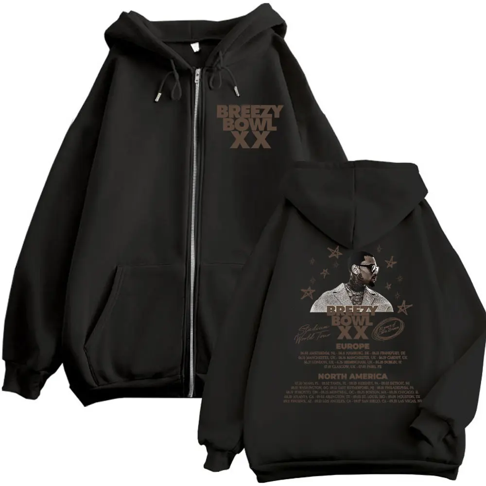 Rapper Chris Brown Breezy Bowl XX Tour 2025 Double Sided Print Zipper Hoodie Men Women Fashion Hip Hop Vintage Zip Up Sweatshirt