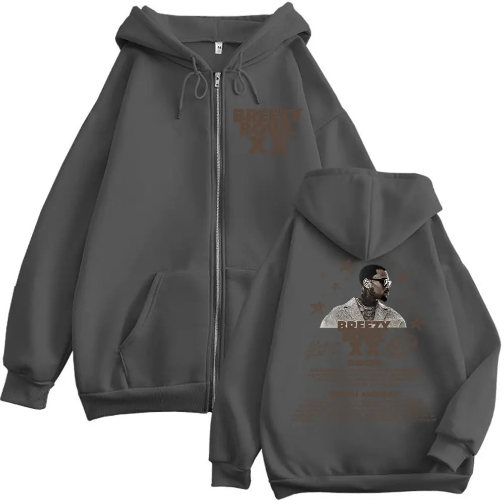 Rapper Chris Brown Breezy Bowl XX Tour 2025 Double Sided Print Zipper Hoodie Men Women Fashion Hip Hop Vintage Zip Up Sweatshirt