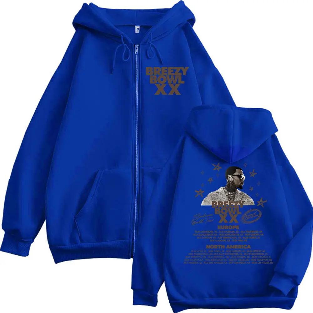 Rapper Chris Brown Breezy Bowl XX Tour 2025 Double Sided Print Zipper Hoodie Men Women Fashion Hip Hop Vintage Zip Up Sweatshirt