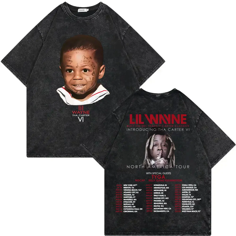 Rapper Lil Wayne Album Merch T-shirts Tha Carter VI Tour 2025 Vintage Washed T-shirt Men Women Clothing Fashion Hip Hop T Shirts