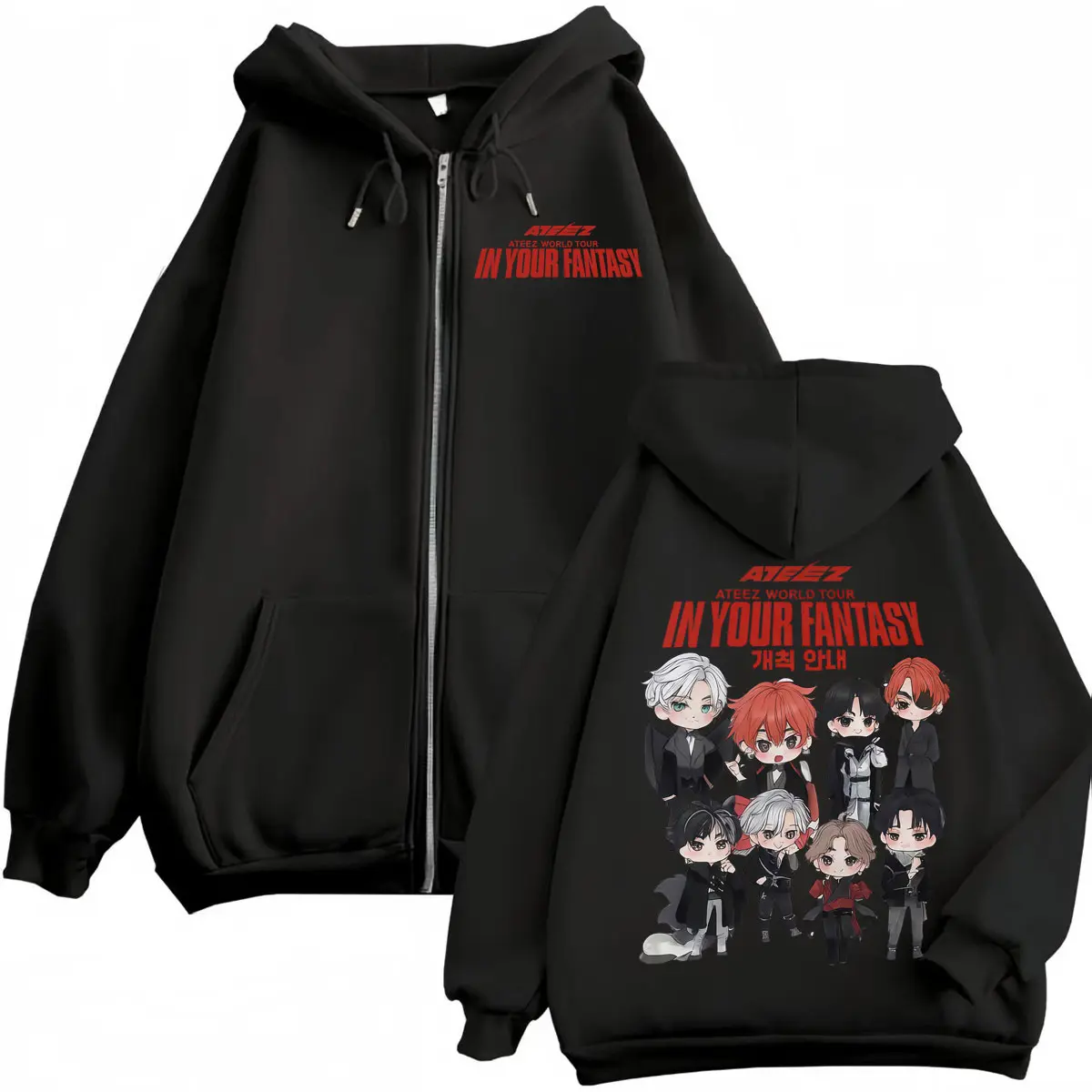 Kpop ATEEZ 2025 World Tour in Your Fantasy Zipper Hoodie Fashion Cartoon Graphic Zip Up Sweatshirts Men Women Casual Pullovers