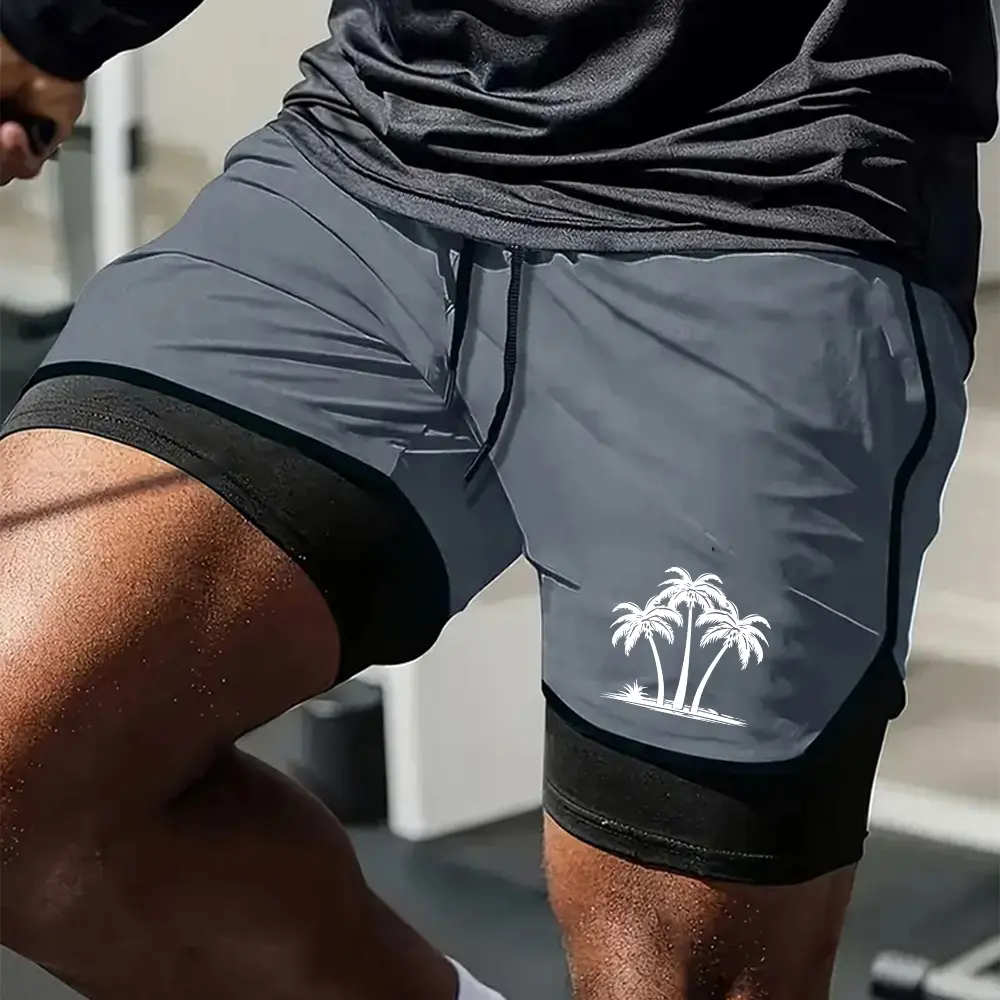 Men's Gym Shorts Coconut Tree Print Summer 2 in 1 High Performance Shorts Men's Running Workout Sports Shorts Pants with Pockets