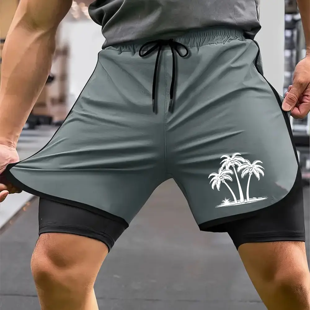 Men's Gym Shorts Coconut Tree Print Summer 2 in 1 High Performance Shorts Men's Running Workout Sports Shorts Pants with Pockets