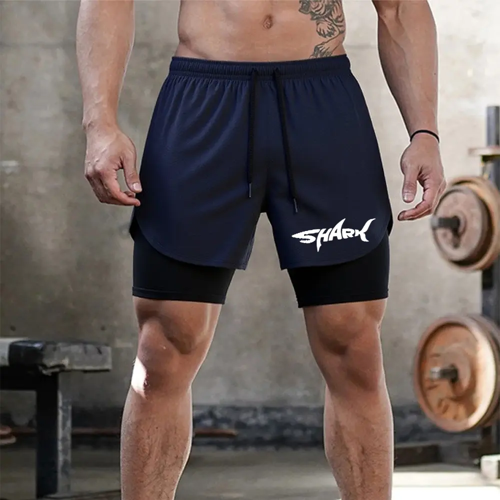 Men's Gym Shorts Shark Print Summer 2 in 1 High Performance Shorts Mens Running Workout Sports Shorts Pants with Pockets