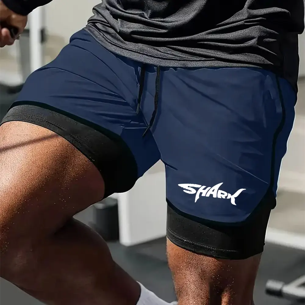 Men's Gym Shorts Shark Print Summer 2 in 1 High Performance Shorts Mens Running Workout Sports Shorts Pants with Pockets