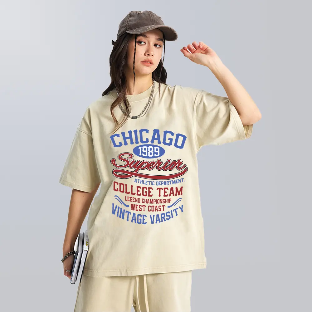 Men's English Printed Retro Washed T-shirt Casual Fashion Summer