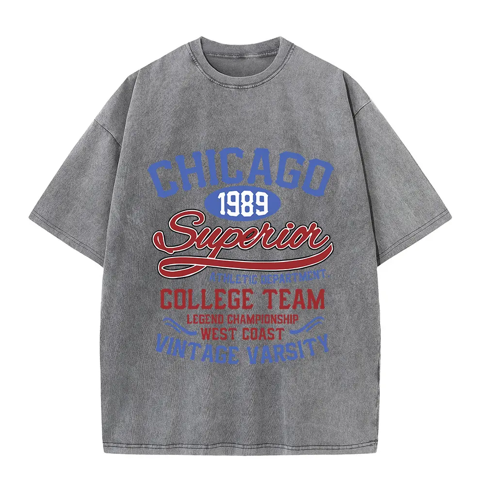 Men's English Printed Retro Washed T-shirt Casual Fashion Summer