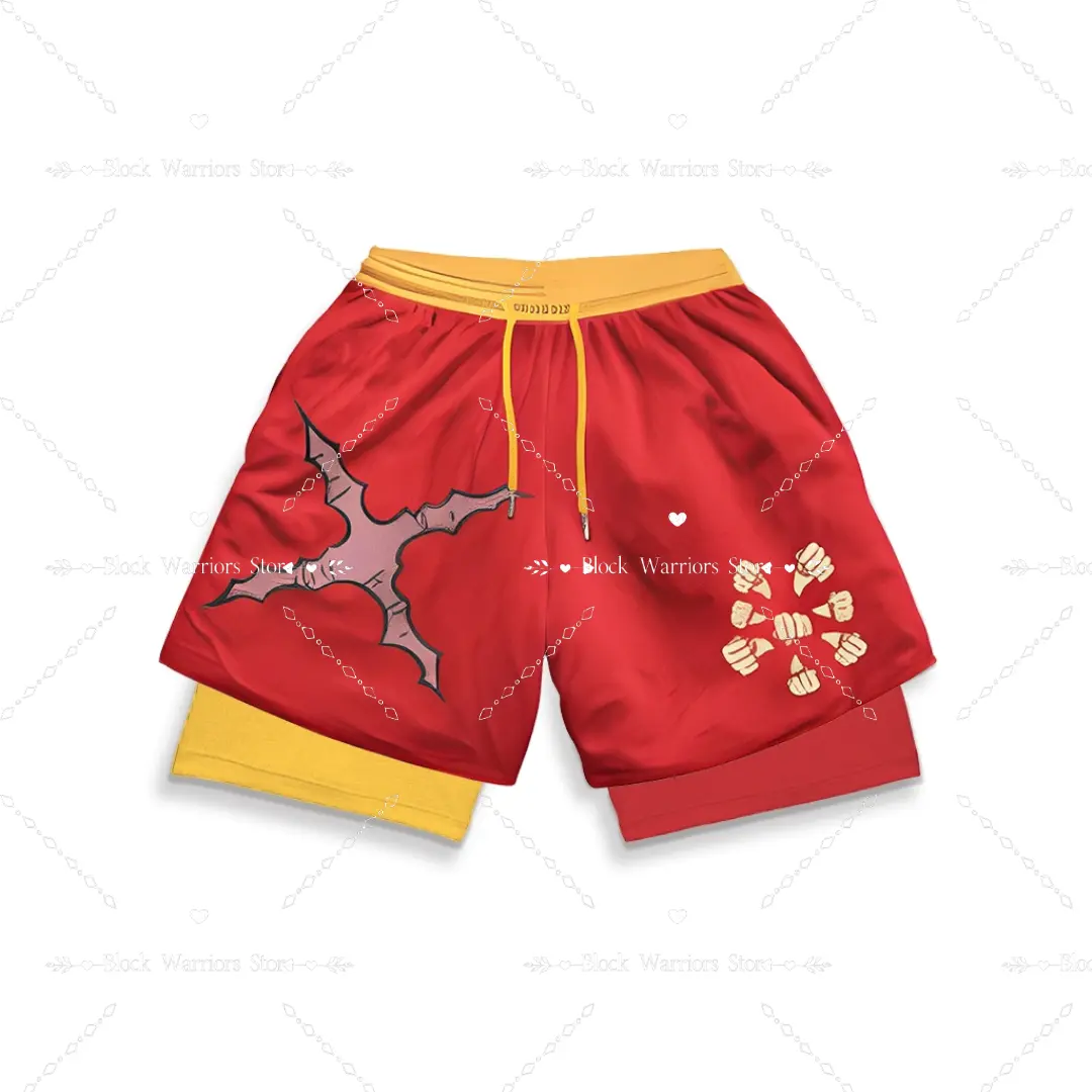 Men Anime Shorts 2 In 1 Bilayer Casual Sport Shorts Quick Dry Running Jogging Performance Shorts Summer
