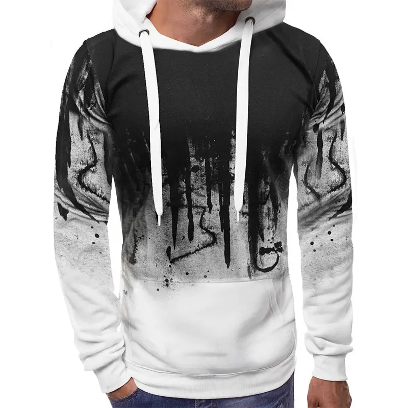 Men's Pullover Hoodie Sweatshirt Gradient Print Daily Fitness Sportswear Basic Casual Hoodies Oversize Sweatshirts Gray White