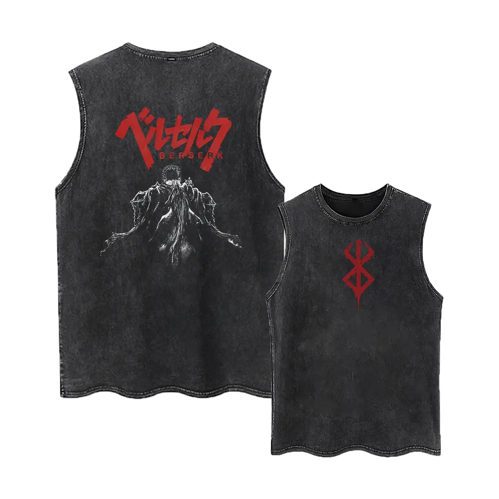 Anime Printed Washed Vest Retro Sports Fitness Casual Short-Sleeved Loose Large Size Summer