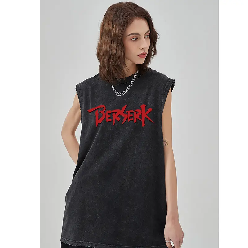 Anime Printed Washed Vest Retro Sports Fitness Casual Short-Sleeved Loose Large Size Summer