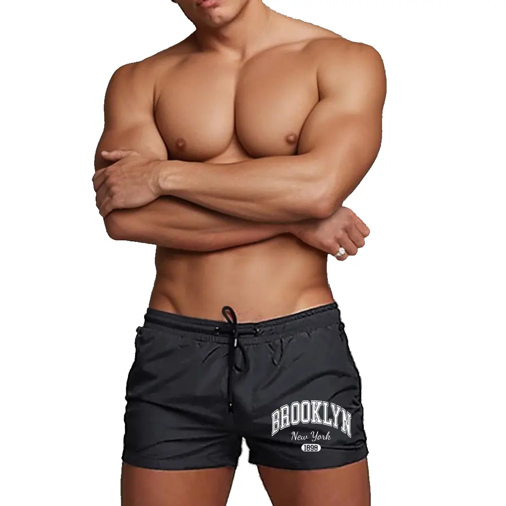 Men's Gym Running Shorts Brooklyn Print Drawstring Mesh Lining Zipper Pockets Solid Color Sport Outdoor Fitness Basic Casual