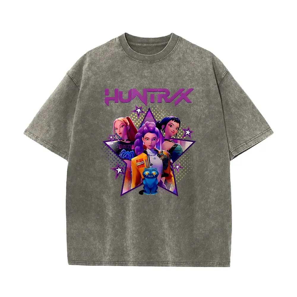 K-Pop Demon Hunters Rumi Mira Zpey Graphic Washed T-Shirt Men Harajuku High Quality Oversized Cotton Wash Shirt Streetwear