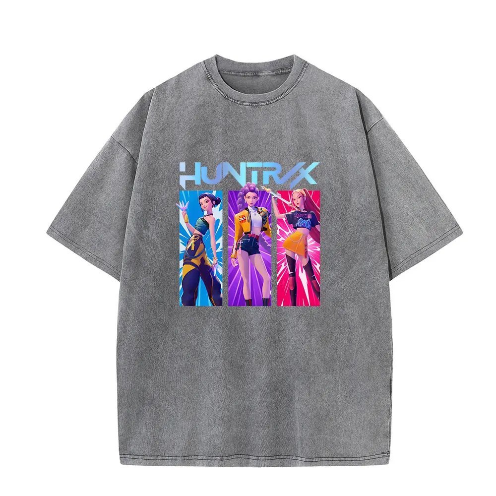 K-Pop Demon Hunters Rumi Mira Zpey Graphic Washed T-Shirt Men Harajuku High Quality Oversized Cotton Wash Shirt Streetwear