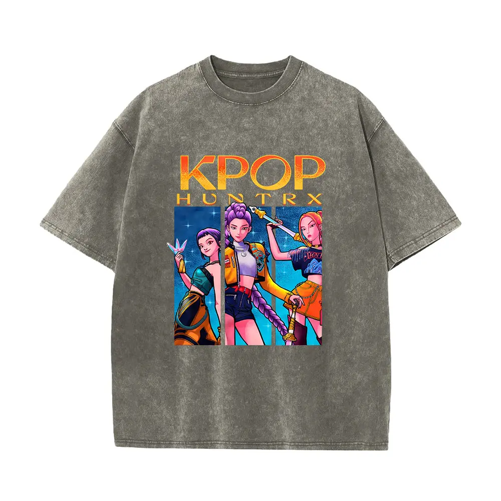 K-Pop Demon Hunters Rumi Mira Zpey Graphic Washed T-Shirt Men Harajuku High Quality Oversized Cotton Wash Shirt Streetwear