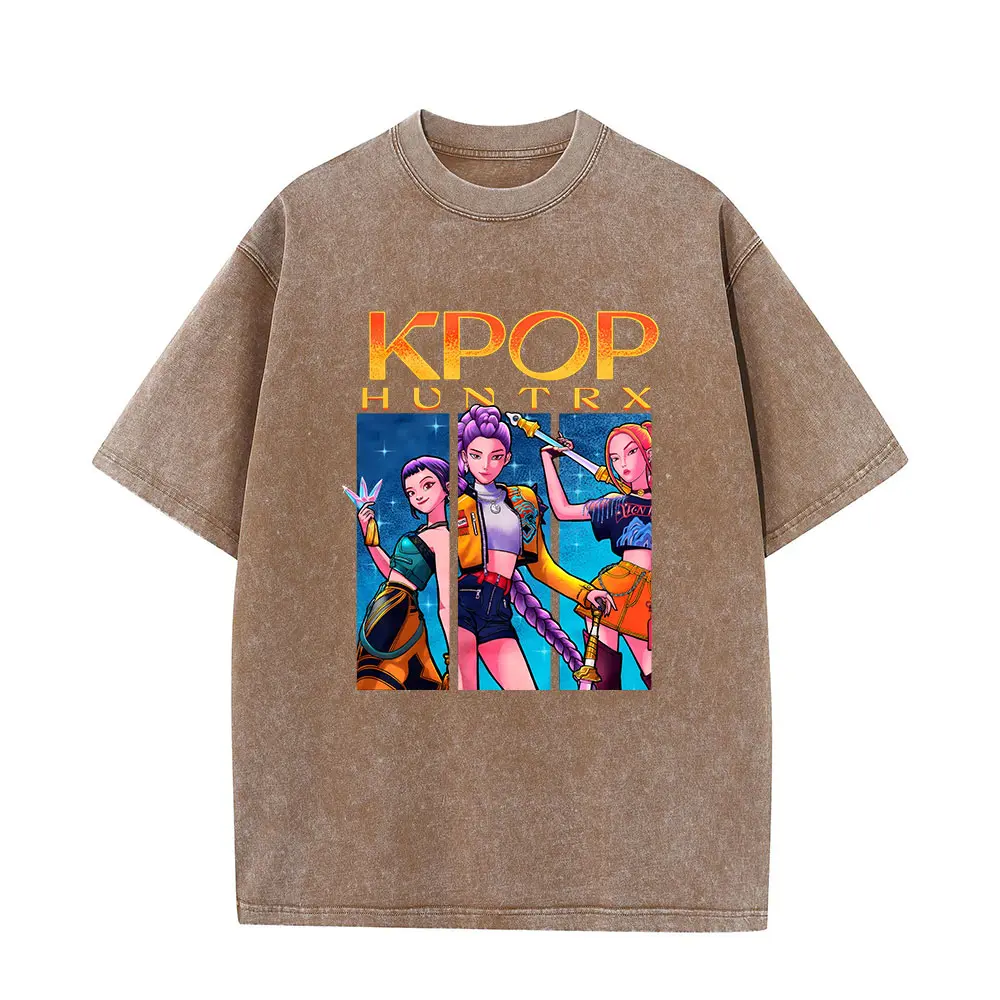 K-Pop Demon Hunters Rumi Mira Zpey Graphic Washed T-Shirt Men Harajuku High Quality Oversized Cotton Wash Shirt Streetwear