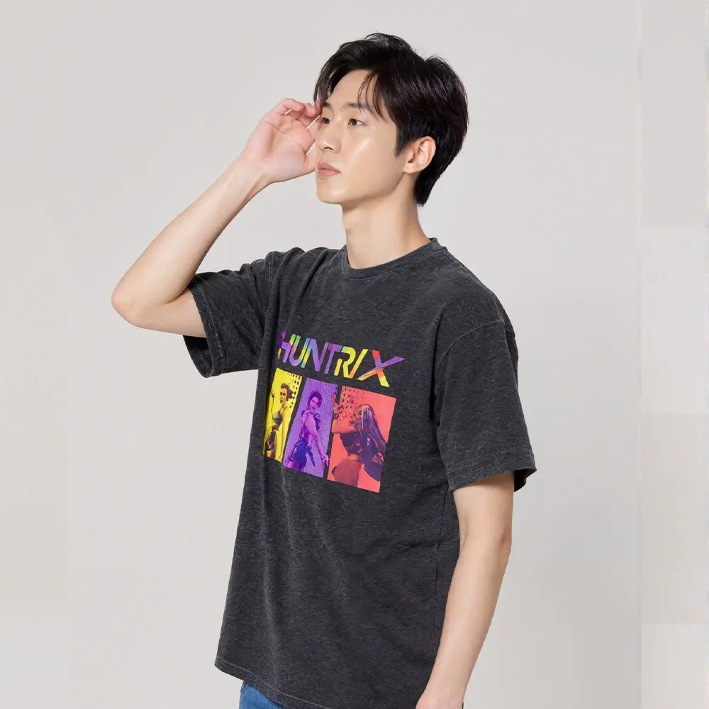 Washed Short Sleeves Kpop Demon Hunters Huntrix Group Panels Garment Dye T-Shirt Loose Trend Male And Female Tongkuan