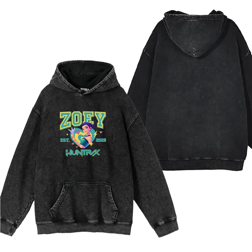 Men's Wash Hooded Sweatshirt Kpop Demon Hunters Graphic Washed Pullover Hoodie Street Fashion Sweatshirt Training Hoodie