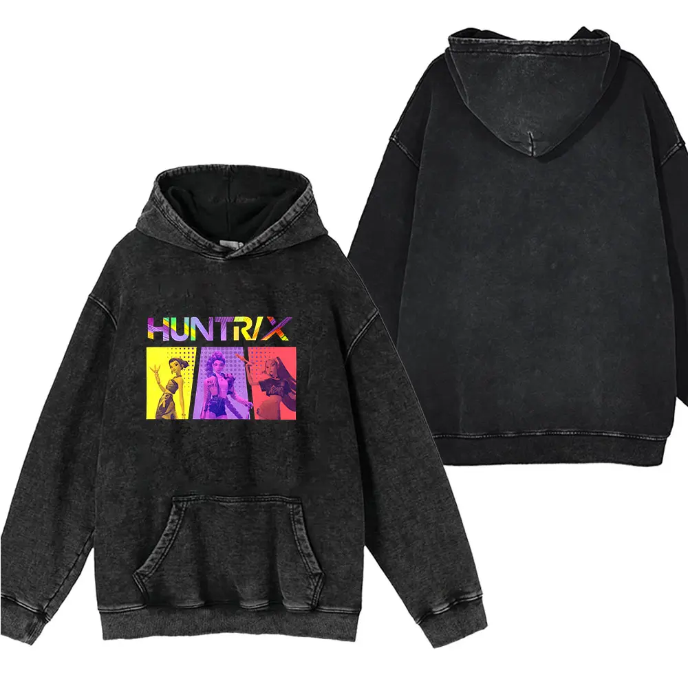 Men's Wash Hooded Sweatshirt Kpop Demon Hunters Graphic Washed Pullover Hoodie Street Fashion Sweatshirt Training Hoodie