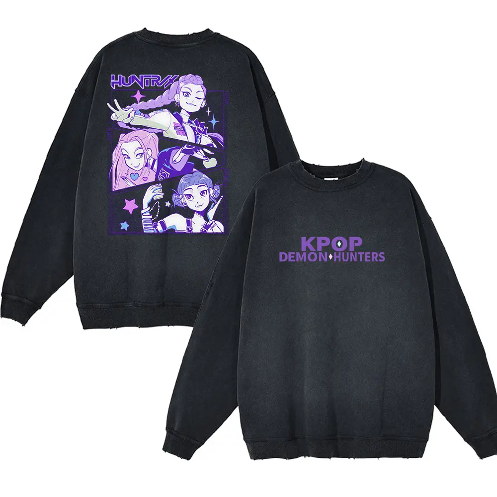 Men's Wash Hooded Sweatshirt Kpop Demon Hunters Graphic Washed Pullover Hoodie Street Fashion Sweatshirt Training Hoodie