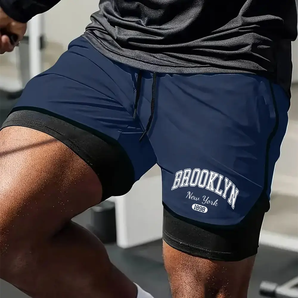 Men's Gym Shorts Brooklyn Print Summer 2 in 1 High Performance Shorts Mens Running Workout Sports Shorts Pants with Pockets