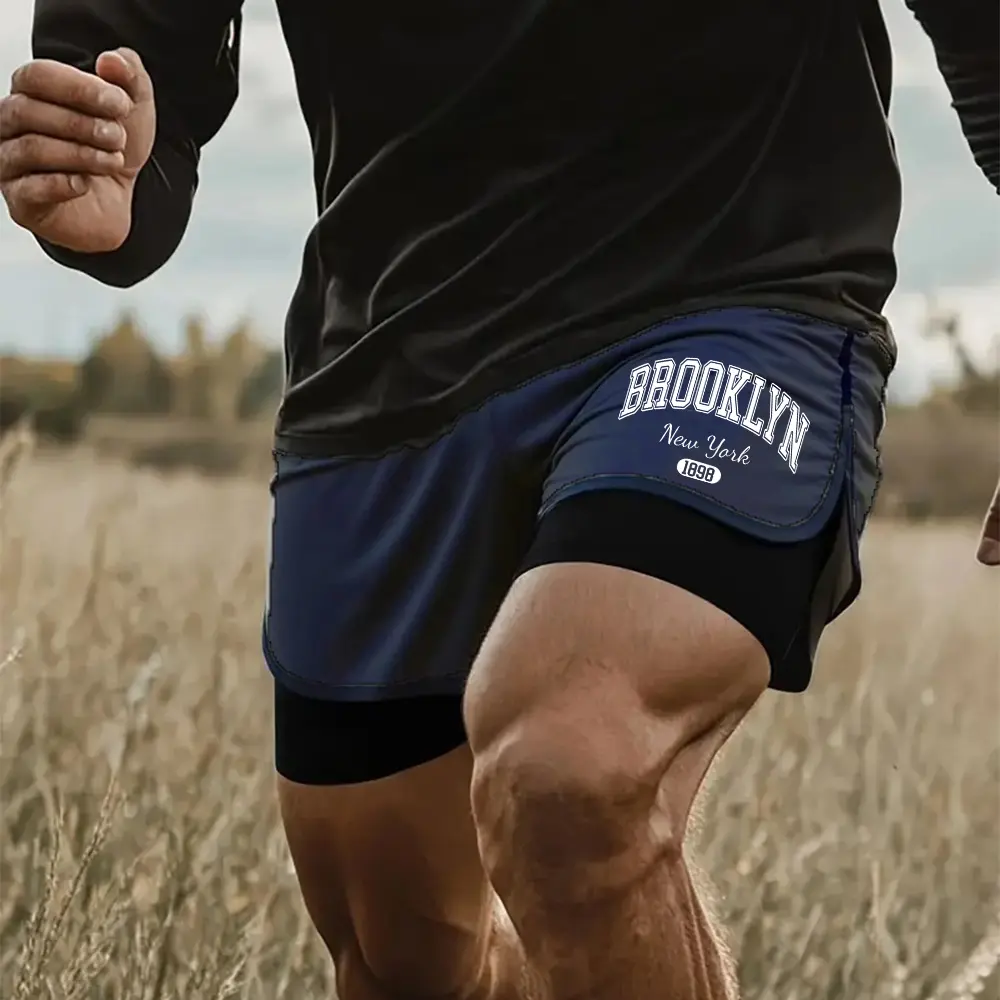 Men's Gym Shorts Brooklyn Print Summer 2 in 1 High Performance Shorts Mens Running Workout Sports Shorts Pants with Pockets