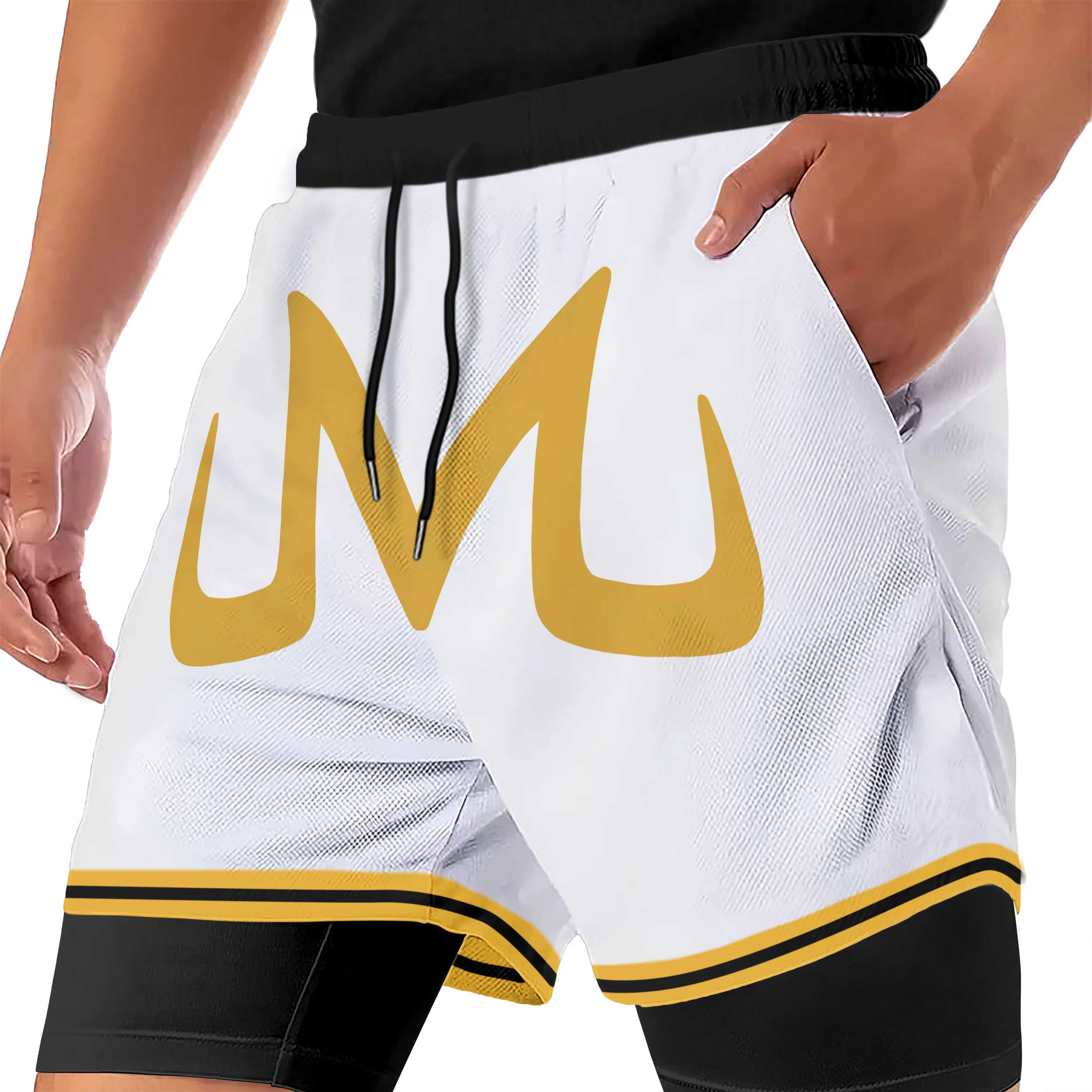 M Lettering Print 2-in-1 Anime Gym Shorts Internal Pocket Performance Shorts Quick-dry Mesh Athletic Short Pants Summer Male