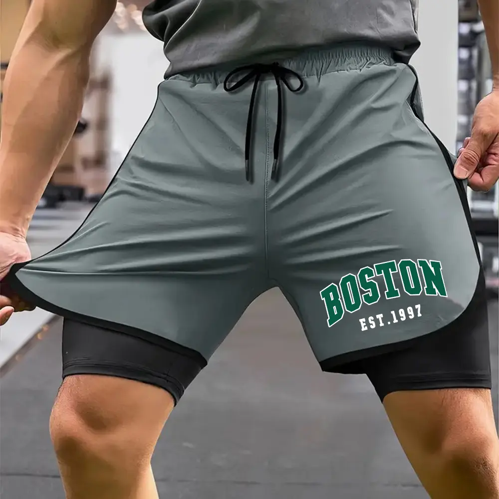 Men's Gym Shorts Boston Print Summer 2 in 1 High Performance Shorts Mens Running Workout Sports Shorts Pants with Pockets
