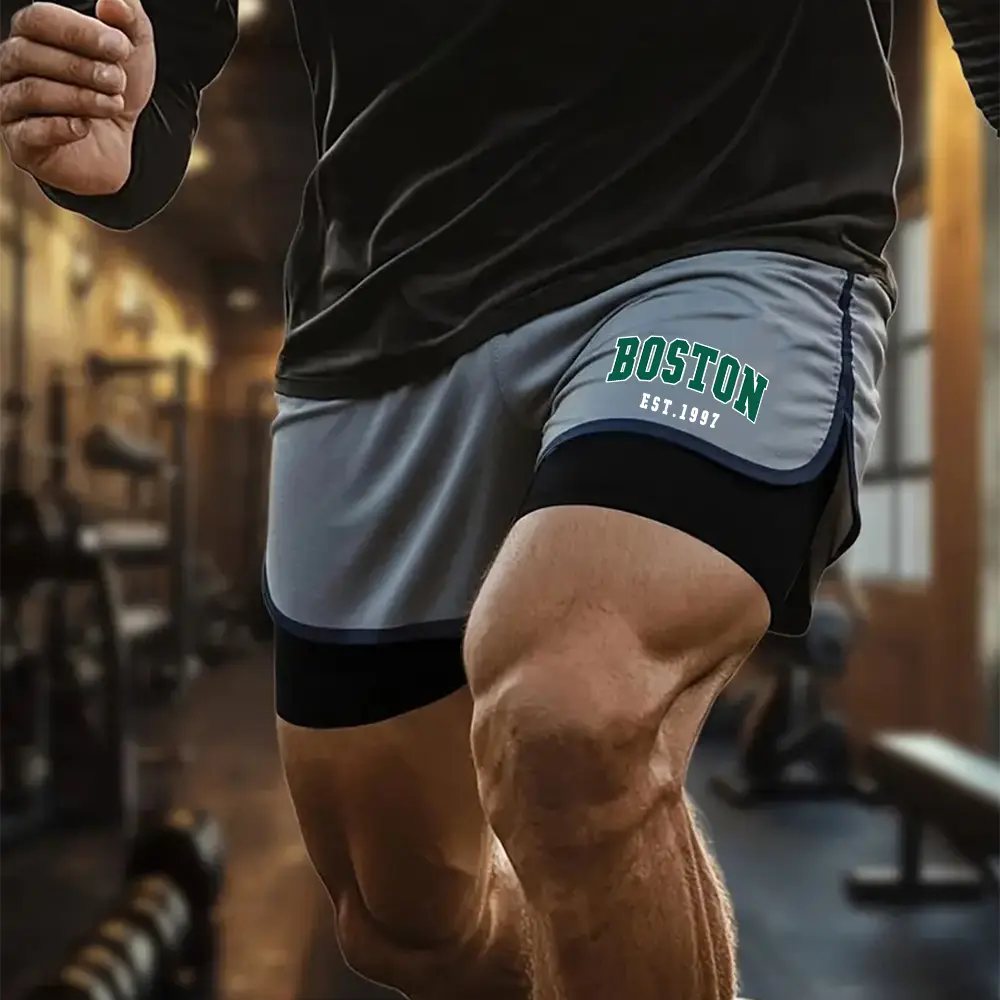 Men's Gym Shorts Boston Print Summer 2 in 1 High Performance Shorts Mens Running Workout Sports Shorts Pants with Pockets