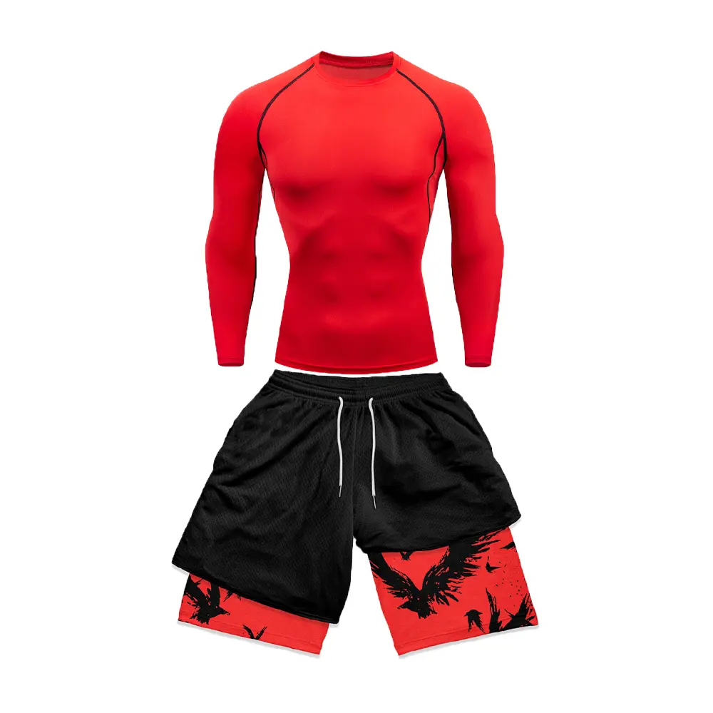 Men's Compression Suit Tight Long Sleeve Anime Double Layer Shorts Sports Suit Casual Fashion Summer