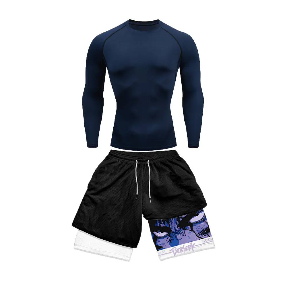 Men's Compression Suit Tight Long Sleeve Anime Double Layer Shorts Sports Suit Casual Fashion Summer