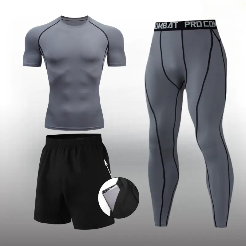 Men Compression Workout Set 3 PCS Workout Clothes Outfit Fitness Apparel Gym Outdoor Running  Clothes for Gym