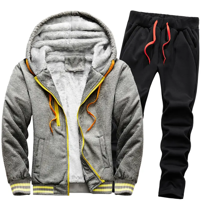 Winter Men's Suits Print High Quality Zippered Sportswear Thicken Solid Color Men's Hoodie+sweatpants 2-piece